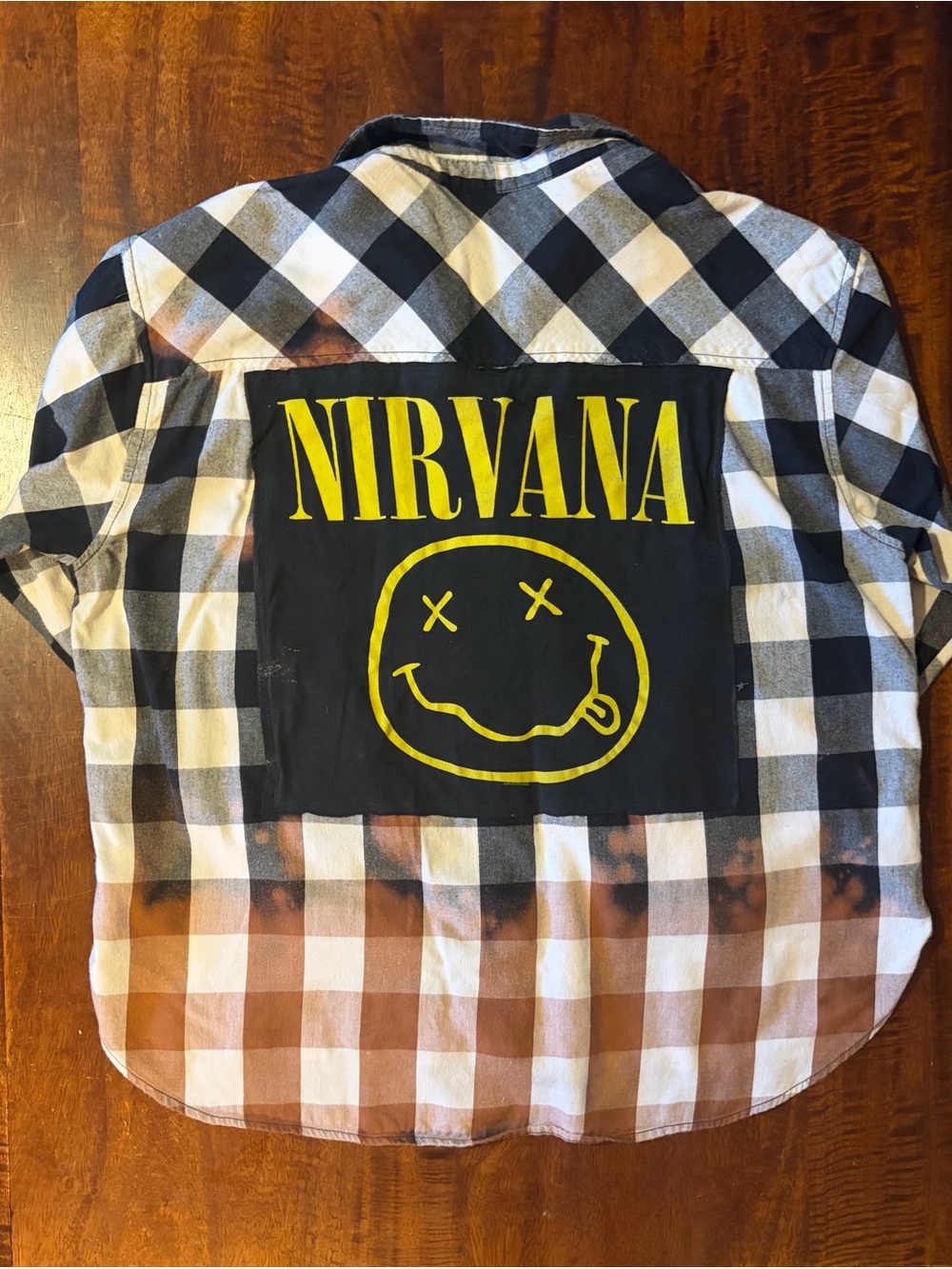 Upcycled Nirvana Smile Splatter Bleach Dyed Black & White Plaid Flannel Size XXL